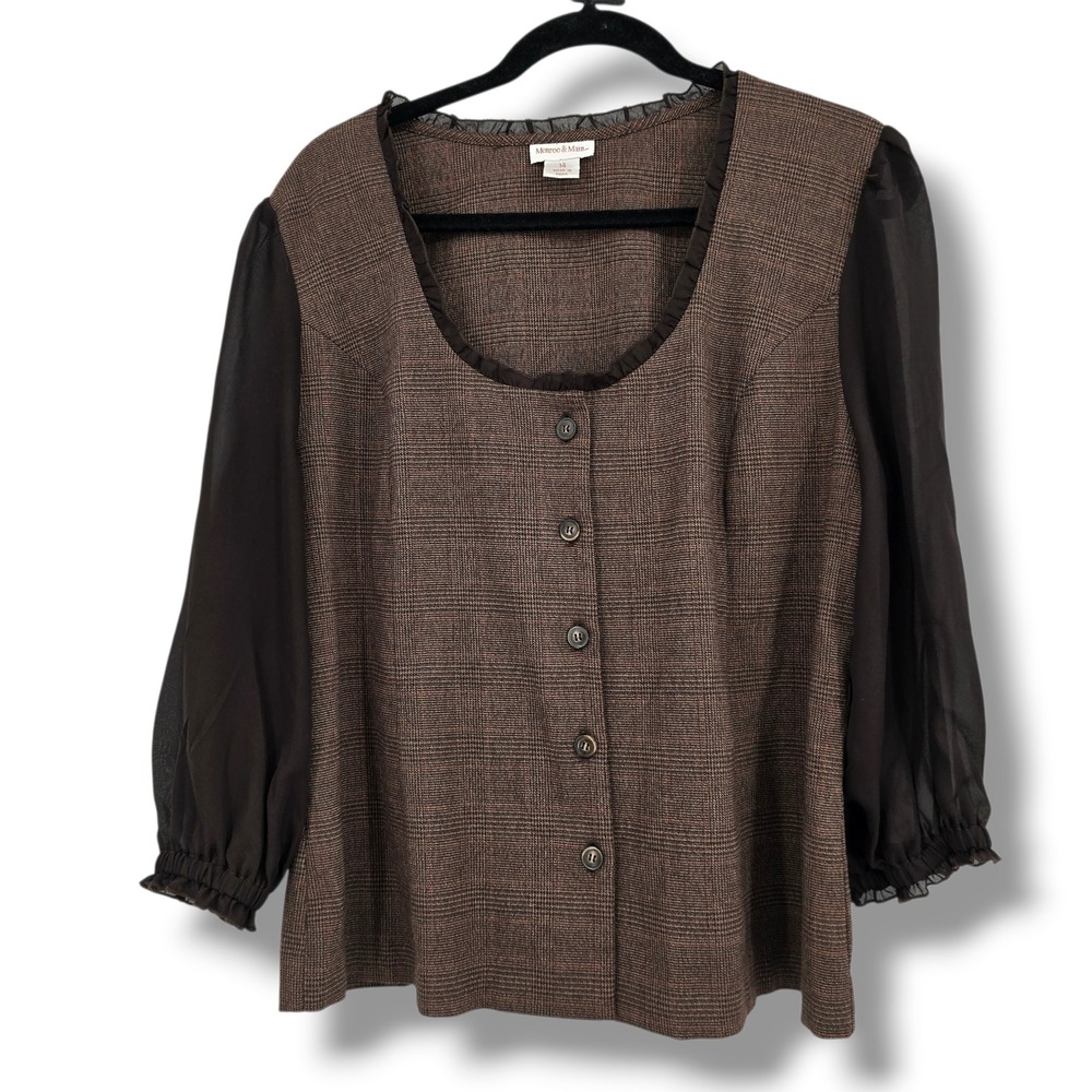 Monroe & Main Brown Glen Plaid Blouse‎ Sheer Ruffle Sleeve Top Size 14